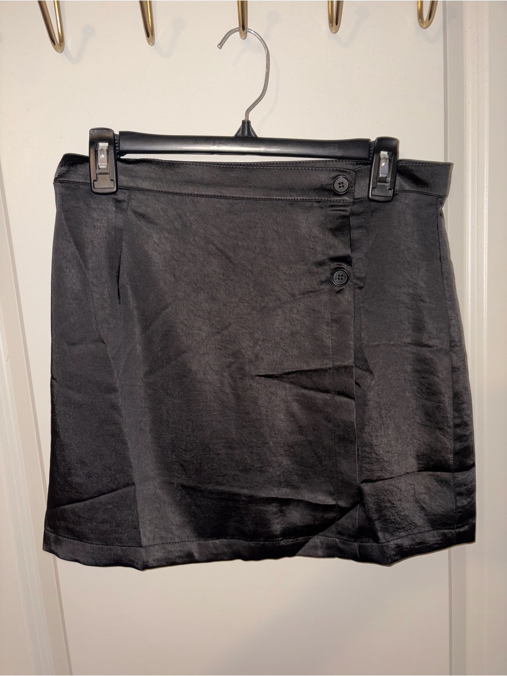 Black Satin Mini Skirt with Side Button Detail